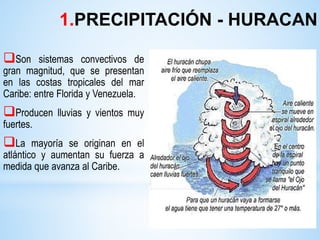 Son sistemas convectivos de
gran magnitud, que se presentan
en las costas tropicales del mar
Caribe: entre Florida y Venezuela.
Producen lluvias y vientos muy
fuertes.
La mayoría se originan en el
atlántico y aumentan su fuerza a
medida que avanza al Caribe.
1.PRECIPITACIÓN - HURACAN
 