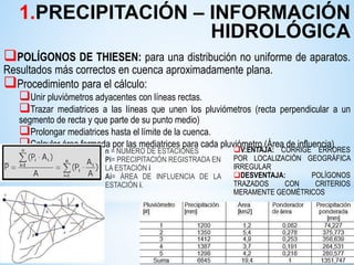 POLÍGONOS DE THIESEN: para una distribución no uniforme de aparatos.
Resultados más correctos en cuenca aproximadamente plana.
Procedimiento para el cálculo:
Unir pluviómetros adyacentes con líneas rectas.
Trazar mediatrices a las líneas que unen los pluviómetros (recta perpendicular a un
segmento de recta y que parte de su punto medio)
Prolongar mediatrices hasta el límite de la cuenca.
Calcular área formada por las mediatrices para cada pluviómetro.(Área de influencia)
n = NUMERO DE ESTACIONES
Pi= PRECIPITACIÓN REGISTRADA EN
LA ESTACIÓN i
Ai= ÁREA DE INFLUENCIA DE LA
ESTACIÓN i.
V:ENTAJA: CORRIGE ERRORES
POR LOCALIZACIÓN GEOGRÁFICA
IRREGULAR
DESVENTAJA: POLÍGONOS
TRAZADOS CON CRITERIOS
MERAMENTE GEOMÉTRICOS
1.PRECIPITACIÓN – INFORMACIÓN
HIDROLÓGICA
 