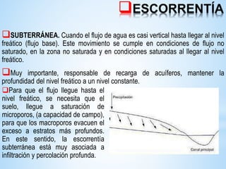 ESCORRENTÍA
SUBTERRÁNEA. Cuando el flujo de agua es casi vertical hasta llegar al nivel
freático (flujo base). Este movimiento se cumple en condiciones de flujo no
saturado, en la zona no saturada y en condiciones saturadas al llegar al nivel
freático.
Muy importante, responsable de recarga de acuíferos, mantener la
profundidad del nivel freático a un nivel constante.
Para que el flujo llegue hasta el
nivel freático, se necesita que el
suelo, llegue a saturación de
microporos, (a capacidad de campo),
para que los macroporos evacuen el
exceso a estratos más profundos.
En este sentido, la escorrentía
subterránea está muy asociada a
infiltración y percolación profunda.
 