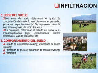 INFILTRACIÓN
5. USOS DEL SUELO
Los usos del suelo determinan el grado de
compactación del suelo, lo que disminuye su porosidad
(poros de mayor tamaño) (ej. Sobrepastoreo, paso de
maquinaria agrícola, de vehículos, etc.)
En ocasiones, determinan el sellado del suelo, o su
impermeabilización (ejm. urbanizaciones, centros
comerciales, vías de transporte, etc.)
6. COMPORTAMIENTO DEL SUELO
 Sellado de la superficie (sealing) y formación de costra
(crusting)
 Formación de grietas y expansión de arcillas (swelling)
 Hidrofobia
 