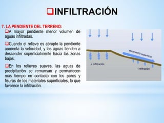 INFILTRACIÓN
7. LA PENDIENTE DEL TERRENO:
A mayor pendiente menor volumen de
aguas infiltradas.
Cuando el relieve es abrupto la pendiente
aumenta la velocidad, y las aguas tienden a
descender superficialmente hacia las zonas
bajas.
En los relieves suaves, las aguas de
precipitación se remansan y permanecen
más tiempo en contacto con los poros y
fisuras de los materiales superficiales, lo que
favorece la infiltración.
 