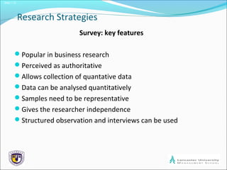Slide 1.13
Research Strategies
Survey: key features
Popular in business research
Perceived as authoritative
Allows collection of quantative data
Data can be analysed quantitatively
Samples need to be representative
Gives the researcher independence
Structured observation and interviews can be used
 