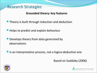 Slide 1.17
Research Strategies
Grounded theory: key features
Theory is built through induction and deduction
Helps to predict and explain behaviour
Develops theory from data generated by
observations
Is an interpretative process, not a logico-deductive one
Based on Suddaby (2006)
 