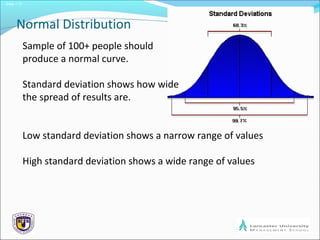 Slide 1.17
Normal Distribution
Sample of 100+ people should
produce a normal curve.
Standard deviation shows how wide
the spread of results are.
Low standard deviation shows a narrow range of values
High standard deviation shows a wide range of values
 