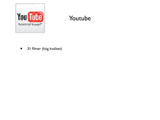 Youtube



•   31 ﬁlmer (hög kvalitet)
 