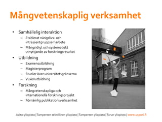 Mångvetenskaplig verksamhet
• Samhällelig interaktion
– Etablerat närigslivs- och
intressentgruppsamarbete
– Mångsidigt och systematiskt
utnyttjande av forskningsresultat
• Utbildning
– Examensutbildning
– Magisterprogram
– Studier över universitetsgränserna
– Vuxenutbildning
• Forskning
– Mångvetenskapliga och
internationella forskningsprojekt
– Förnämlig publikationsverksamhet
 