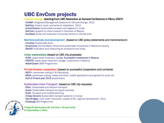 UBC EnvCom projects
Climate Change (starting from UBC Resolution at General Conference in Pärnu 2007)
- CHAMP; Integrated Management Systems for Climate Change 2012
- BaltCica; Impact, costs, scenarios on adaptation 2012
- GreenCitizens; Sustainable transport and logistics in Umeå
- Net-Com; Support to cities involved in Covenant of Mayors
- Nordlead; Study and evaluation of success factors in climate work

Maritime policies and development (based on UBC policy statements and memorandum)
- Innoship: Sustainable ports
- Smartcomp (Central Baltic) Smart and sustainable innovations in Maritime industry
- SNOOP; Evaluation and measuring air emissions from ships

Urban wastewaters (based on UBC city proposals)
- PURE; waste water treatment, sludge, Successful investments in Belarus
- PRESTO; waste water treatment, sludge, investments in Belarus
- WaterCluster (BSR Programme)

Finnish-Russian cooperation (based on successful cooperation and contacts)
- NEAT+; awareness raising in St Petersburg
- BSNA; awareness raising, videos and films, mobile applications and games for youth etc
- Gulf of Finland year 2014 preparations

Sustainable Urban Transport (based on UBC city requests)
- Eltis+, Sustainable and efficient transport
- Quest, Sustainable transport and good practises
- Rulla, Transport and mobility planning
- Civitas Dynamo Sustainable transport systems in Europe
- New Bridges, rural urban interaction, quality of life, regional development 2012
- Challenge (IEE Programme)
Totally 65 Work years (40 full time + 50 part time)
6 nationalities in office

 