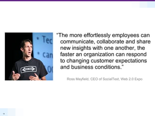 “The more effortlessly employees can communicate, collaborate and share new insights with one another, the faster an organization can respond to changing customer expectations and business conditions.”Ross Mayfield, CEO of SocialText, Web 2.0 Expo