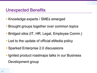 Unexpected BenefitsKnowledge experts / SMEs emergedBrought groups together over common topicsBridged silos (IT, HR, Legal, Employee Comm.)Led to the update of official eMedia policySparked Enterprise 2.0 discussionsIgnited product roadmaps talks in our Business Development group