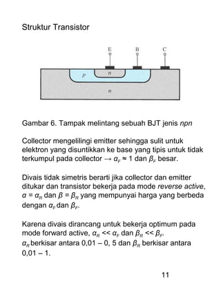 11
Struktur Transistor
Gambar 6. Tampak melintang sebuah BJT jenis npn
Collector mengelilingi emitter sehingga sulit untuk
elektron yang disuntikkan ke base yang tipis untuk tidak
terkumpul pada collector → αF ≈ 1 dan βF besar.
Divais tidak simetris berarti jika collector dan emitter
ditukar dan transistor bekerja pada mode reverse active,
α = αR dan β = βR yang mempunyai harga yang berbeda
dengan αF dan βF.
Karena divais dirancang untuk bekerja optimum pada
mode forward active, αR << αF dan βR << βF.
αR berkisar antara 0,01 – 0, 5 dan βR berkisar antara
0,01 – 1.
 