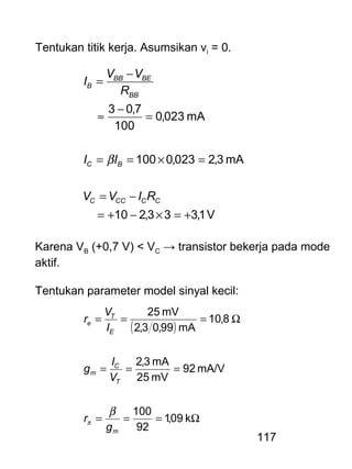 117
Tentukan titik kerja. Asumsikan vi = 0.
V1,333,210
mA3,2023,0100
mA023,0
100
7,03
+=×−+=
−=
=×==
=
−
≈
−
=
CCCCC
BC
BB
BEBB
B
RIVV
II
R
VV
I
β
Karena VB (+0,7 V) < VC → transistor bekerja pada mode
aktif.
Tentukan parameter model sinyal kecil:
( )
Ω===
===
Ω===
k09,1
92
100
mA/V92
mV25
mA3,2
8,10
mA99,03,2
mV25
m
T
C
m
E
T
e
g
r
V
I
g
I
V
r
β
π
 