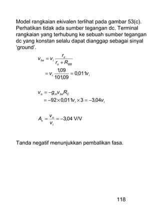 118
Model rangkaian ekivalen terlihat pada gambar 53(c).
Perhatikan tidak ada sumber tegangan dc. Terminal
rangkaian yang terhubung ke sebuah sumber tegangan
dc yang konstan selalu dapat dianggap sebagai sinyal
‘ground’.
V/V04,3
04,33011,092
011,0
09,101
09,1
−==
−=××−=
−=
==
+
=
i
o
v
ii
Cbemo
ii
BB
ibe
v
v
A
vv
Rvgv
vv
Rr
r
vv
π
π
Tanda negatif menunjukkan pembalikan fasa.
 