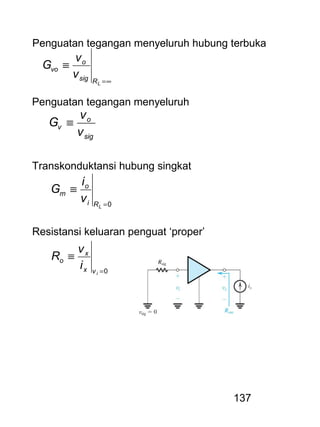 137
Penguatan tegangan menyeluruh hubung terbuka
sig
o
v
v
v
G ≡
∞=
≡
LRsig
o
vo
v
v
G
Penguatan tegangan menyeluruh
Transkonduktansi hubung singkat
0=
≡
LRi
o
m
v
i
G
Resistansi keluaran penguat ‘proper’
0=
≡
ivx
x
o
i
v
R
 