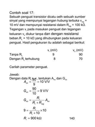 140
Contoh soal 17:
Sebuah penguat transistor dicatu oelh sebuah sumber
sinyal yang mempunyai tegangan hubung terbuka vsig =
10 mV dan mempunyai resistansi dalam Rsig = 100 kΩ.
Tegangan vi pada masukan penguat dan tegangan
keluaran vo diukur tanpa dan dengan resistansi
beban.RL = 10 kΩ yang dihubungkan pada keluaran
penguat. Hasil pengukuran itu adalah sebagai berikut:
vi (mV) vo (mV)
Tanpa RL 9 90
Dengan RL terhubung 8 70
Carilah parameter penguat.
Jawab:
Dengan data RL= ∞, tentukan Avo dan Gvo
Ω=
×
+
=
+
=
==
==
k900
10
10
9
V/V9
10
90
V/V10
9
90
i
i
i
vo
sigi
i
vo
vo
vo
R
R
R
A
RR
R
G
G
A
 