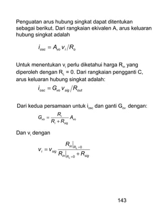 143
Penguatan arus hubung singkat dapat ditentukan
sebagai berikut. Dari rangkaian ekivalen A, arus keluaran
hubung singkat adalah
oivoosc RvAi =
Untuk menentukan vi perlu diketahui harga Rin yang
diperoleh dengan RL = 0. Dari rangkaian pengganti C,
arus keluaran hubung singkat adalah:
outsigvoosc RvGi =
Dari kedua persamaan untuk iosc dan ganti Gov dengan:
vo
sigi
i
vo A
RR
R
G
+
=
Dan vi dengan
sigRin
Rin
sigi
RR
R
vv
L
L
+
=
=
=
0
0
 