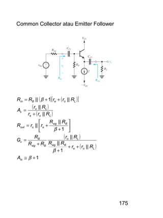 175
Common Collector atau Emitter Follower
( ) ( )[ ]
( )
( )
( )
( )
1
||
1
||
||
1
||
||
||
||
||1||
+≅
++
+
+
=






+
+=
+
=
++=
β
β
β
β
is
Loe
Bsig
Lo
Bsig
B
v
Bsig
eoout
Loe
Lo
v
LoeBin
A
Rrr
RR
Rr
RR
R
G
RR
rrR
Rrr
Rr
A
RrrRR
 