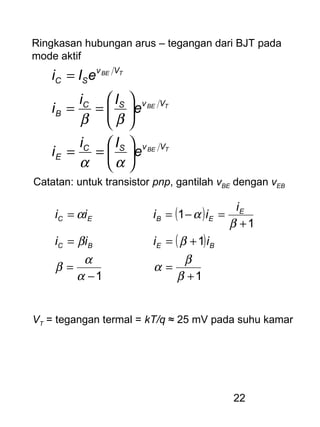 22
TBE
TBE
TBE
VvSC
E
VvSC
B
Vv
SC
e
Ii
i
e
Ii
i
eIi






==






==
=
αα
ββ
Ringkasan hubungan arus – tegangan dari BJT pada
mode aktif
Catatan: untuk transistor pnp, gantilah vBE dengan vEB
( )
( )
11
1
1
1
+
=
−
=
+==
+
=−==
β
β
α
α
α
β
ββ
β
αα
BEBC
E
EBEC
iiii
i
iiii
VT = tegangan termal = kT/q ≈ 25 mV pada suhu kamar
 