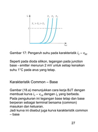 27
Gambar 17: Pengaruh suhu pada karakteristik iC – vBE
Seperti pada dioda silikon, tegangan pada junction
base - emitter menurun 2 mV untuk setiap kenaikan
suhu 1°C pada arus yang tetap.
Karakteristik Common – Base
Gambar (18.a) menunjukkan cara kerja BJT dengan
membuat kurva iC – vCB dengan iE yang berbeda.
Pada pengukuran ini tegangan base tetap dan base
berperan sebagai terminal bersama (common)
masukan dan keluaran.
Jadi kurva ini disebut juga kurva karakteristik common
– base
 