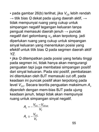 55
• pada gambar 26(b) terlihat, jika VCE lebih rendah
→ titik bias Q dekat pada ujung daerah aktif, →
tidak mempunyai ruang yang cukup untuk
simpangan negatif tegangan keluaran tanpa
penguat memasuki daerah jenuh → puncak
negatif dari gelombang vO akan terpotong. jadi
diperlukan ruang yang cukup untuk simpangan
sinyal keluaran yang menentukan posisi yang
efektif untuk titik bias Q pada segmen daerah aktif
YZ.
• jika Q ditempatkan pada posisi yang terlalu tinggi
pada segmen ini, tidak hanya akan mengurangi
penguatan tapi juga membatasi simpangan positif
dari sinyal keluaran. Pada sisi positif, pembatasan
ini ditentukan oleh BJT memasuki cut off, pada
keadaan ini puncak positif akan terpotong pada
level VCC. Secara teoritis penguatan maksimum Av
diperoleh dengan mem-bias BJT pada ujung
keadaan jenuh, tetapi tidak akan mempunyai
ruang untuk simpangan sinyal negatif.
T
CC
v
T
CEsatCC
v
V
V
A
V
VV
A
−≅
−
−=
 