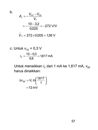 57
b.
V36,1005,0272
V/V272
025,0
2,310
=×=
−=
−
−=
−
−=
∧
o
T
CECC
v
V
V
VV
A
c. Untuk vCE = 0,3 V
mA617,1
8,6
3,010
=
−
=Ci
Untuk menaikkan iC dari 1 mA ke 1,617 mA, vBE
harus dinaikkan:
mV12
1
617,1
ln
=






=∆ TBE Vv
 