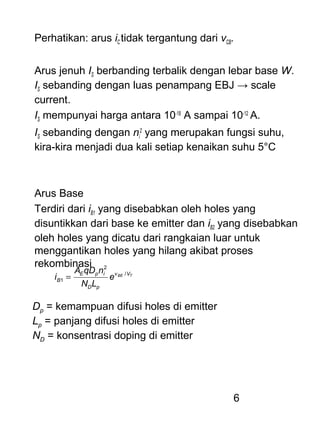 6
Perhatikan: arus iC tidak tergantung dari vCB.
Arus jenuh IS berbanding terbalik dengan lebar base W.
IS sebanding dengan luas penampang EBJ → scale
current.
IS mempunyai harga antara 10-18
A sampai 10-12
A.
IS sebanding dengan ni
2
yang merupakan fungsi suhu,
kira-kira menjadi dua kali setiap kenaikan suhu 5°C
Arus Base
Terdiri dari iB1 yang disebabkan oleh holes yang
disuntikkan dari base ke emitter dan iB2 yang disebabkan
oleh holes yang dicatu dari rangkaian luar untuk
menggantikan holes yang hilang akibat proses
rekombinasi
TBE Vv
pD
ipE
B e
LN
nqDA
i /
2
1 =
Dp = kemampuan difusi holes di emitter
Lp = panjang difusi holes di emitter
ND = konsentrasi doping di emitter
 