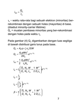 7
b
n
B
Q
i
τ
=2
τb = waktu rata-rata bagi sebuah elektron (minoritas) ber-
rekombinasi dengan sebuah holes (mayoritas) di base.
(disebut minority-carrier lifetime)
Qn = muatan pembawa minoritas yang ber-rekombinasi
dengan holes pada waktu τb
Pada gambar (4) Qn digambarkan dengan luas segitiga
di bawah distribusi garis lurus pada base.
( )








+=






=
=








+=
=
=
×=
bnpD
A
n
p
VvS
B
C
B
Vv
bnpD
A
n
p
SB
Vv
Ab
iE
B
Vv
A
iE
n
pEn
D
W
L
W
N
N
D
D
e
I
i
i
i
e
D
W
L
W
N
N
D
D
Ii
e
N
qWnA
i
e
N
qWnA
Q
WnqAQ
TBE
TBE
TBE
TBE
τ
β
β
β
τ
τ
2
/
/
2
/
2
2
/
2
2
1
2
1
1
2
1
2
1
2
0
 