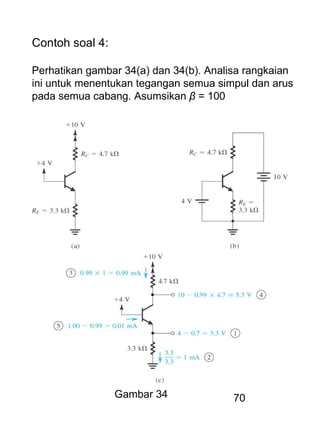 70
Contoh soal 4:
Perhatikan gambar 34(a) dan 34(b). Analisa rangkaian
ini untuk menentukan tegangan semua simpul dan arus
pada semua cabang. Asumsikan β = 100
Gambar 34
 