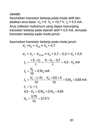 81
Jawab:
Asumsikan transistor bekerja pada mode aktif dan
abaikan arus base: VB ≈ 0, VE ≈ +0,7 V, IE ≈ 4,3 mA.
Arus collector maksimum yang dapat menunjang
transistor bekerja pada daerah aktif ≈ 0,5 mA, ternyata
transistor bekerja pada mode jenuh.
Asumsikan transistor bekerja pada mode jenuh.
VE =VB + VEB ≈ VB + 0,7
VC = VE – VECsat ≈ VB + 0,7 – 0,2 = VB + 0,5
V13,3
2,1
75,3
55,01,01,03,4
mA55,01,0
10
55,0
10
)5(
mA1,0
10
mA3,4
1
7,05
1
5
==
++=−
+=
+=
++
=
−−
=
==
−=
−−
=
−+
=
B
BBB
CBE
B
BC
C
B
B
B
B
BE
E
V
VVV
III
V
VV
I
V
V
I
V
VV
I
 