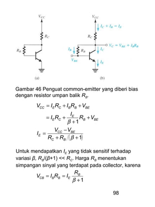 98
Gambar 46 Penguat common-emitter yang diberi bias
dengan resistor umpan balik RB.
( )1
1
++
−
=
+
+
+=
++=
β
β
BC
BECC
E
BEB
E
CE
BEBBCECC
RR
VV
I
VR
I
RI
VRIRIV
Untuk mendapatkan IE yang tidak sensitif terhadap
variasi β, RB/(β+1) << RC. Harga RB menentukan
simpangan sinyal yang terdapat pada collector, karena
1+
==
β
B
EBBCB
R
IRIV
 
