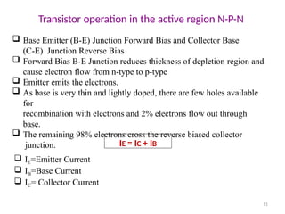Transistor operation in the active region N-P-N
11
 Base Emitter (B-E) Junction Forward Bias and Collector Base
(C-E) Junction Reverse Bias
 Forward Bias B-E Junction reduces thickness of depletion region and
cause electron flow from n-type to p-type
 Emitter emits the electrons.
 As base is very thin and lightly doped, there are few holes available
for
recombination with electrons and 2% electrons flow out through
base.
 The remaining 98% electrons cross the reverse biased collector
junction. IE = IC + IB
 IE=Emitter Current
 IB=Base Current
 IC= Collector Current
 