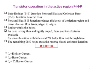 Transistor operation in the active region P-N-P
13
 Base Emitter (B-E) Junction Forward Bias and Collector Base
(C-E) Junction Reverse Bias
 Forward Bias B-E Junction reduces thickness of depletion region and
cause electron flow from p-type to n-type
 Emitter emits the holes.
 As base is very thin and lightly doped, there are few electrons
available
for recombination with holes and 2% holes flow out through base.
 The remaining 98% holes cross the reverse biased collector junction.
IE = IC + IB
 IE=Emitter Current
 IB=Base Current
 IC= Collector Current
 