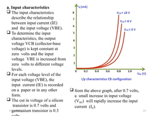 a. Input characteristics
 The input characteristics
describe the relationship
between input current (IE)
and the input voltage (VBE).
 To determine the input
characteristics, the output
voltage VCB (collector-base
voltage) is kept constant at
zero volts and the input
voltage VBE is increased from
zero volts to different voltage
levels.
 For each voltage level of the
input voltage (VBE), the
input current (IE) is recorded
on a paper or in any other
form.
 The cut in voltage of a silicon
transistor is 0.7 volts and
germanium transistor is 0.3
 from the above graph, after 0.7 volts,
a small increase in input voltage
(VBE) will rapidly increase the input
current (IE).
6 October 2023 21
 
