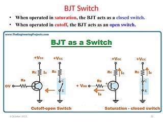 BJT Switch
• When operated in saturation, the BJT acts as a closed switch.
• When operated in cutoff, the BJT acts as an open switch.
6 October 2023 32
 