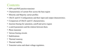 Contents
• NPN and PNP junction transistor
• Characteristics of current flow across the base region
• Minority and Majority carrier profiles
• CB,CE and CC Configurations and their input and output characteristics.
• Comparison of CB,CE and CC characteristics.
• Junction biasing for saturation, cutoff and active region
• α and β parameters and the relation between them.
• Photo transistor
• Various biasing circuits
• Stabilizations
• Thermal runaway
• Thermal stability
• Transistor series and shunt voltage regulators.
 
