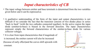 Input characteristics of CB
• The input voltage between emitter and base terminals is determined from the two variables
given below and it can be expressed as
• A qualitative understanding of the form of the input and output characteristics is not
difficult if we consider the fact that the transistor consists of two diodes place in series
“back to back” (with the two cathodes connected together). In the active region the input
diode (emitter-to-base) is biased in the forward direction. The input characteristics
represent simply the forward characteristics of the emitter-to-base diode for various
collector voltages.
• It is clear from input characteristics that if magnitude of
is increased, the emitter current will also be increased
(because of early effect)and the curves shift upwards with
constant.
 