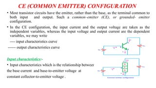 CE (COMMON EMITTER) CONFIGURATION
• Most transistor circuits have the emitter, rather than the base, as the terminal common to
both input and output. Such a common–emitter (CE), or grounded- emitter
configuration.
• In the CE configuration, the input current and the output voltage are taken as the
independent variables, whereas the input voltage and output current are the dependent
variables, we may write
---- input characteristics curve
------ output characteristics curve
Input characteristics:-
• Input characteristics which is the relationship between
the base current and base-to-emitter voltage at
constant collector-to-emitter voltage .
 