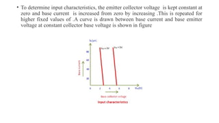 • To determine input characteristics, the emitter collector voltage is kept constant at
zero and base current is increased from zero by increasing .This is repeated for
higher fixed values of .A curve is drawn between base current and base emitter
voltage at constant collector base voltage is shown in figure
 