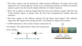 • The three regions can be formed by either gaseous diffusion of p-type and n-type
impurities on a semiconductor wafer or by an epitaxial method, in which an intrinsic
region is grown on the heavily doped substrate of similar material.
• Here, the p region is heavily doped than the base and collector region. But the size
of the emitter region is greater than the base but comparatively smaller than the
collector.
• The base region is the thinnest among all and hence least doped. The collector
region has the largest area among all but is not doped as high as the emitter.
• a PNP transistor is also a back to back connection of
two diodes. The figure below shows the connection
of two diodes.
 