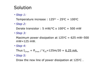 Solution
• Step 1:
Temperature increase : 1250C
– 250
C = 1000
C
• Step 2:
Derate transistor : 5 mW/0
C x 1000
C = 500 mW
• Step 3:
Maximum power dissipation at 1250
C = 625 mW–500
mW=125 mW.
• Step 4:
Thus ICmax = PCmax / VCE=125m/20 = 6.25 mA.
• Step 5:
Draw the new line of power dissipation at 1250
C .
 