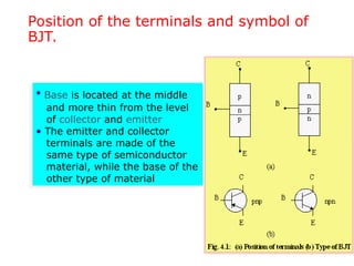Position of the terminals and symbol of
BJT.
• Base is located at the middle
and more thin from the level
of collector and emitter
• The emitter and collector
terminals are made of the
same type of semiconductor
material, while the base of the
other type of material
 