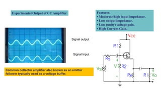Experimental Output of CC Amplifier
Signal Input
Signal output
Features:
• Moderate/high input impedance.
• Low output impedance.
• Low (unity) voltage gain.
• High Current Gain.
Common collector amplifier also known as an emitter
follower typically used as a voltage buffer.
 