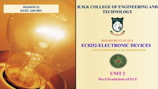 R.M.K COLLEGE OF ENGINEERING AND
TECHNOLOGY
DEPARTMENT OF ECE
EC8252-ELECTRONIC DEVICES
SECOND SEMESTER-I YEAR- (2020-2024 BATCH)
UNIT 2
Mrs.P.Sivalakshmi AP/ECE
SESSION:12
DATE: 4.05.2021
 