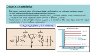 Output Characteristics
• The output characteristics of common base configuration are obtained between output
current and output voltage with constant input current.
• First keep the emitter current constant and vary the VCB value for different points, now record the
IC values at each point. Repeat the same process at different IE values.
• Finally we need to draw the plot between VCB and IC at constant IE. The below figure show the output
characteristics of common base configuration.
• Rout = VCB/IC (when IE is at constant)
 