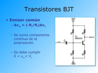 Transistores BJT
• Emisor común
– Δvout = (-RC/RE)Δvin
– Se suma componente
continua de la
polarización.
– Se debe cumplir
0 < vout < Vcc
 