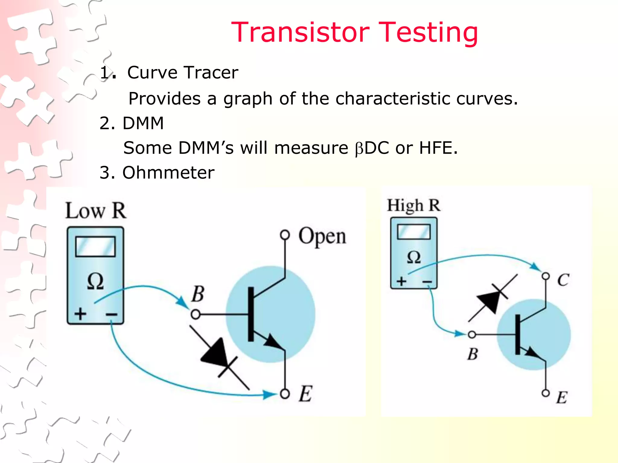 Transistor Testing
1. Curve Tracer
Provides a graph of the characteristic curves.
2. DMM
Some DMM’s will measure DC or HFE.
3. Ohmmeter
 