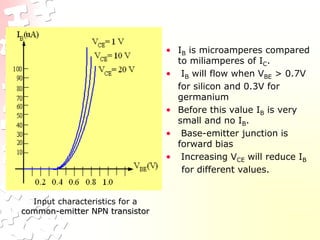 Input characteristics for a
common-emitter NPN transistor
• IB is microamperes compared
to miliamperes of IC.
• IB will flow when VBE > 0.7V
for silicon and 0.3V for
germanium
• Before this value IB is very
small and no IB.
• Base-emitter junction is
forward bias
• Increasing VCE will reduce IB
for different values.
 