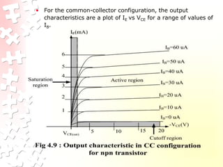 • For the common-collector configuration, the output
characteristics are a plot of IE vs VCE for a range of values of
IB.
 