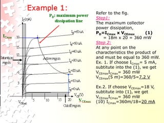 Refer to the fig.
Step1:
The maximum collector
power dissipation,
PD=ICmax x VCEmax (1)
= 18m x 20 = 360 mW
Step 2:
At any point on the
characteristics the product of
and must be equal to 360 mW.
Ex. 1. If choose ICmax= 5 mA,
subtitute into the (1), we get
VCEmaxICmax= 360 mW
VCEmax(5 m)=360/5=7.2 V
Ex.2. If choose VCEmax=18 V,
subtitute into (1), we get
VCEmaxICmax= 360 mW
(10) ICmax=360m/18=20 mA
 
