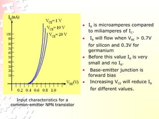Input characteristics for a
common-emitter NPN transistor
common-emitter NPN transistor
• IB is microamperes compared
to miliamperes of IC.
• IB will flow when VBE > 0.7V
for silicon and 0.3V for
germanium
• Before this value IB is very
small and no IB.
• Base-emitter junction is
forward bias
• Increasing VCE will reduce IB
for different values.
 