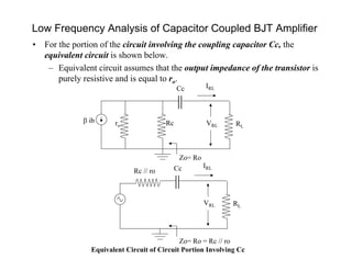 Low Frequency Analysis of Capacitor Coupled BJT Amplifier
• For the portion of the circuit involving the coupling capacitor Cc, the
equivalent circuit is shown below.
– Equivalent circuit assumes that the output impedance of the transistor is
purely resistive and is equal to ro.
Cc
Zo= Ro
VRL
Equivalent Circuit of Circuit Portion Involving Cc
IRL
Rc RL
ib ro
Cc
Zo= Ro = Rc // ro
VRL
IRL
Rc // ro
RL
 